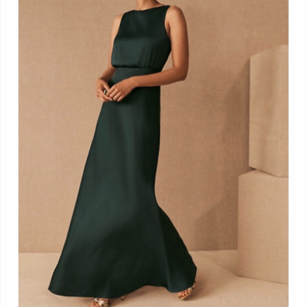 Bhldn Beckett Satin Charmeuse Maxi Dress Size 14 in Dark Emerald